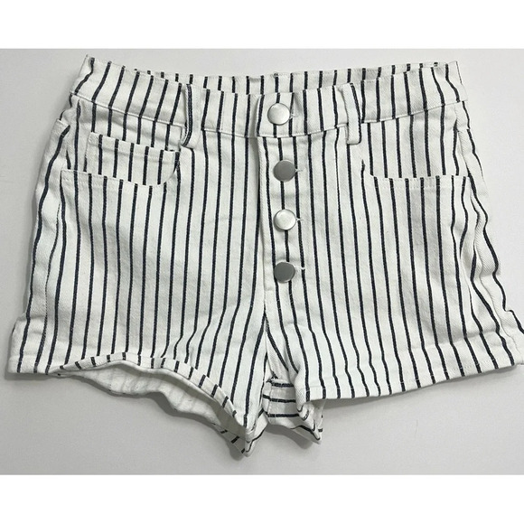 Altar’d State • Ivory Navy Railroad Striped Button Fly Shorts - Picture 1 of 4